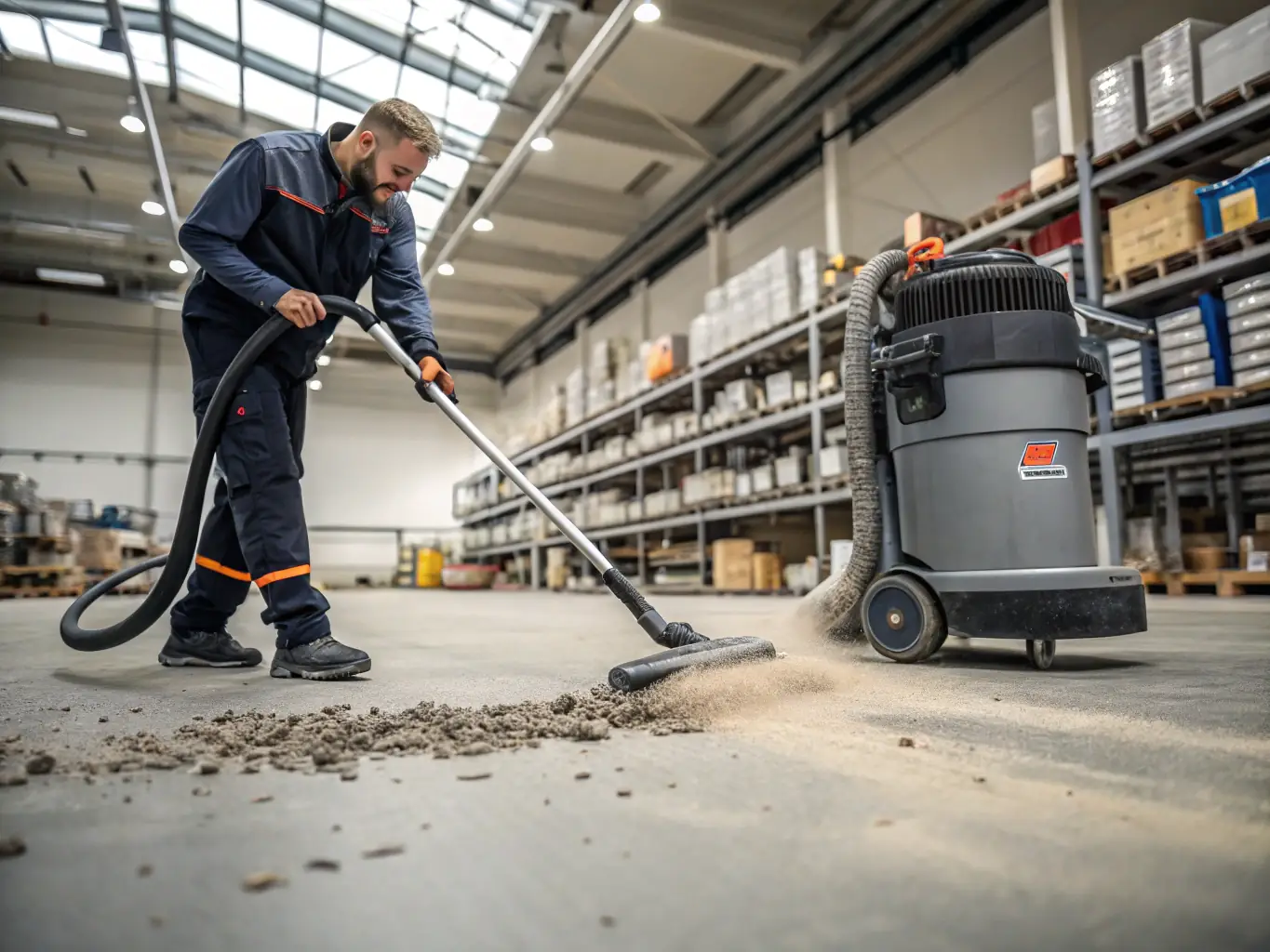 A high-efficiency industrial vacuum cleaner in operation, sucking up debris in a clean and organized factory setting. The vacuum cleaner is branded with 'Gram Clean Air' logo.