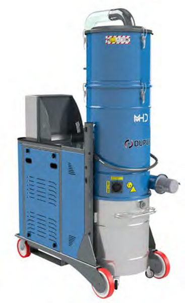 Aspirador industrial de alta capacidad móvil o para instalaciones centralizadas, para zonas ATEX 22 de 7,5 Kws, modelo MHDPN100, con limpieza neumática