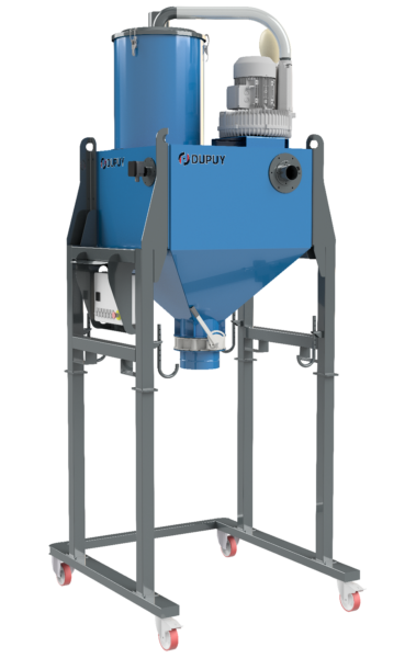 Aspirador industrial con silo de acumulación de 600 litros, con estructura elevada para descarga a big bag y bomba de aspiración de 7,5 Kws, modelo 600PRO