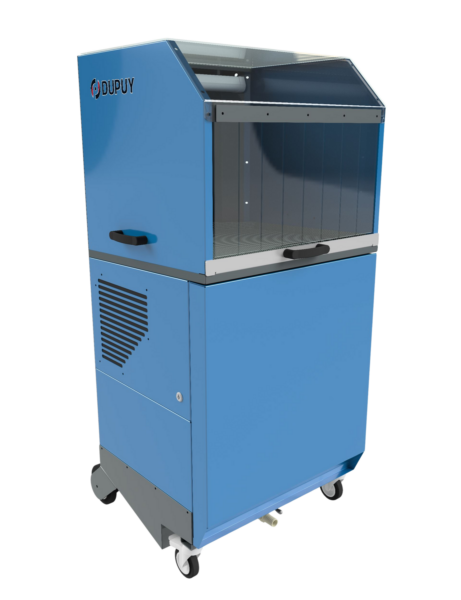 Cabina para limpieza de piezas con virutas y restos de aceite, con aspiración y filtración integrada.