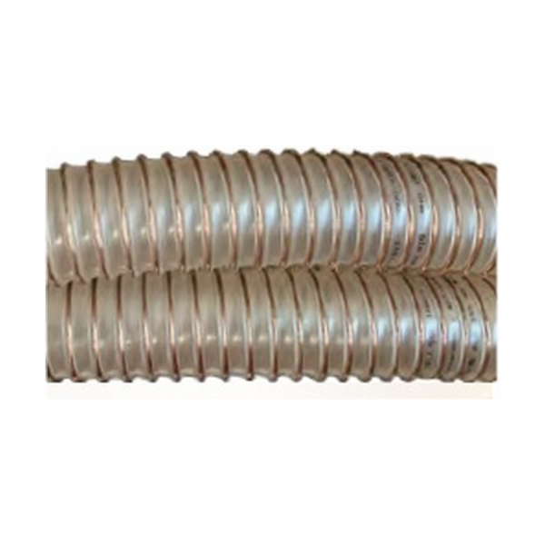 Manguera de aspiración de poliuretano con espiral en acero inoxidable para materiales abrasivos y líquidos Ø50mm. Tramo de 3 metros con conectores